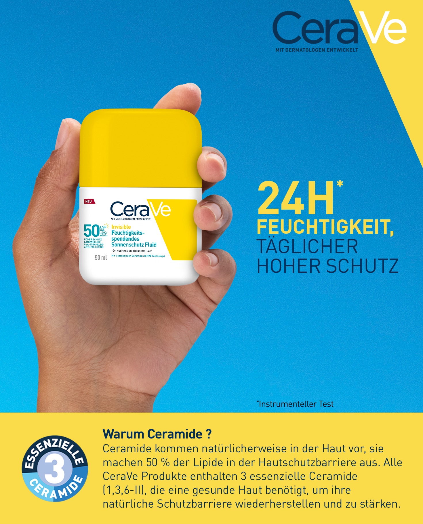 CeraVe Invisible Sonnenschutz Fluid LSF 50. Hand hält Flasche. Text: 24H Feuchtigkeit, täglicher hoher Schutz.